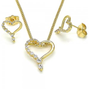 Gold Filled Earring and Pendant Set Heart Design With White Cubic Zirconia Polished Finish Golden Tone