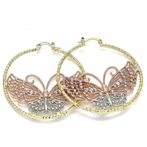 Gold Filled 50mm Large Hoop Earrings Butterfly Design With White Crystal Diamond Cutting Finish Tri Tone