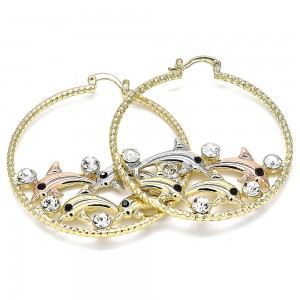 Gold Filled 50mm Large Hoop Earrings Dolphin Design With Multicolor Crystal Diamond Cutting Finish Tri Tone