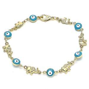 Gold Filled Fancy Bracelet Greek Eye and Elephant Design Turquoise Enamel Finish Golden Tone