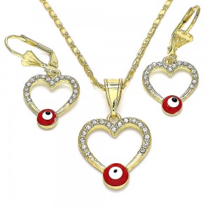 Gold Filled Earring and Pendant Adult Set Heart and Greek Eye Design With White Crystal Red Enamel Finish Golden Tone