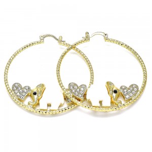 Gold Filled Large Hoop Elephant and Heart Design With White and Black Crystal White Resin Finish Golden Tone