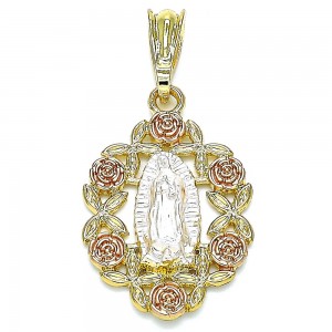 Gold Finish Religious Pendant Guadalupe and Flower Design Polished Tri Tone