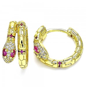 Gold Filled Huggie Hoop Earrings Snake Design With Ruby Cubic Zirconia and White Micro Pave Polished Finish Golden Tone