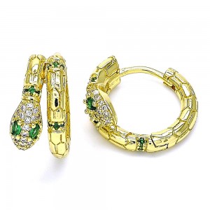 Gold Filled Huggie Hoop earrings Snake Design With Green Cubic Zirconia and White Micro Pave Polished Finish Golden Tone