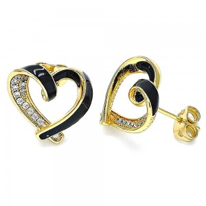 Gold Filled Stud Earrings Heart Design With Micro Pave Stones & Black Enamel Finish Golden Tone