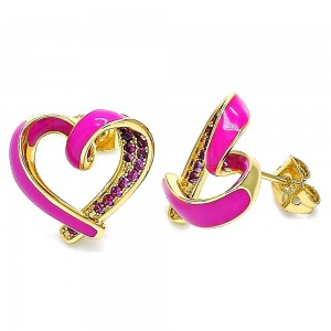 Gold Filled Stud Earrings Heart Design With Micro Pave Stones & Pink Enamel Finish Golden Tone
