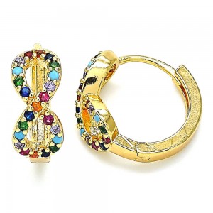 Gold Filled Huggie Hoop Infinite Design With Multicolor Micro Pave Polished Finish Golden Tone
