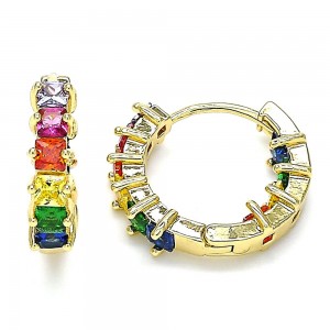 Gold Filled Huggie Hoop Earrings Baguette Design With Multicolor Cubic Zirconia Polished Finish Golden Tone
