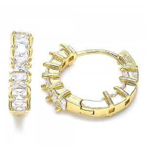 Gold Filled Huggie Hoop Earrings Baguette Design With White Cubic Zirconia Polished Finish Golden Tone