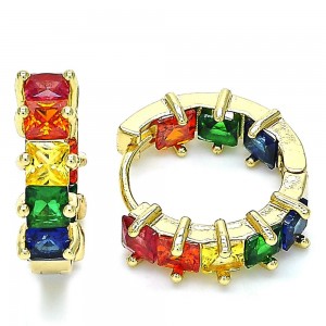 Gold Filled Huggie Hoop Earrings Baguette Design With Multicolor Cubic Zirconia Polished Finish Golden Tone