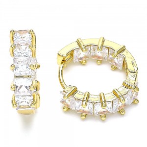 Gold Filled Huggie Hoop Earrings Baguette Design With White Cubic Zirconia Polished Finish Golden Tone