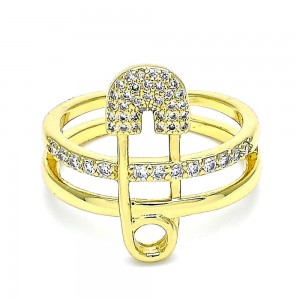 Gold Filled Safety Pin Design Adjustable Rings With Micro Pave CZ Polished Finish Gold Tone ( One Size Fits All )