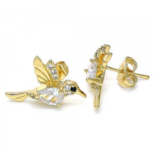 Gold Filled Stud Earrings Bird Design With White Micro Pave Polished Finish Golden Tone
