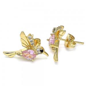 Gold Filled Stud Earrings Bird Design With Pink Micro Pave Polished Finish Golden Tone