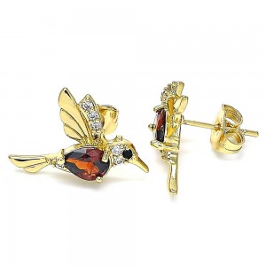 Gold Filled Stud Earrings Bird Design With Garnet Micro Pave Polished Finish Golden Tone