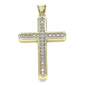 Gold Filled Religious Pendant Cross Design with White Micro Pave Polished Golden Tone