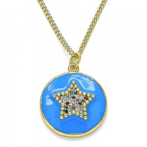 Gold Filled Pendant Necklace Star Design With Multicolor Micro Pave Blue Enamel Finish Golden Tone