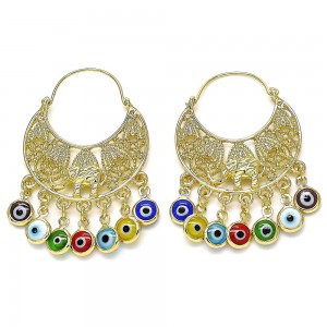 Gold Filled Long Earring Elephant and Greek Eye Design Multicolor Resin Finish Golden Tone