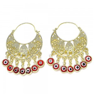 Gold Filled Long Earring Elephant and Greek Eye Design Red Resin Finish Golden Tone