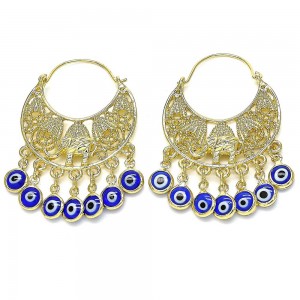 Gold Filled Long Earring Elephant and Greek Eye Design Blue Resin Finish Golden Tone