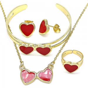 Gold Filled Necklace Bracelet Earring and Ring Heart Design Red Enamel Finish Golden Tone