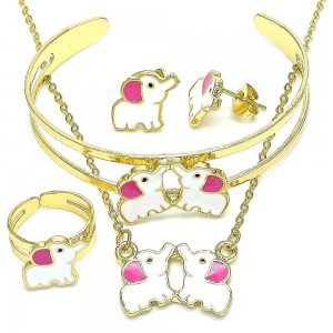 Gold Filled Necklace Bracelet Earring and Ring Elephant Design Pink Enamel Finish Golden Tone