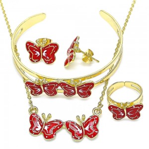 Gold Filled Necklace Bracelet Earring and Ring Butterfly Design Red Enamel Finish Golden Tone