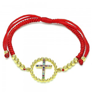 Gold Filled Adjustable Bolo Bracelet Cross and Ball Design With Multicolor Micro Pave Polished Finish Golden Tone