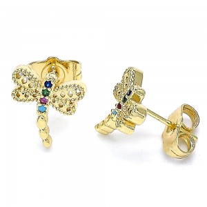 Gold Filled Dragon-Fly Design Stud Earrings With Multicolor Micro Pave Polished Finish Golden Tone