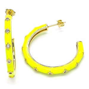 Gold Filled Stud Earring Star Design With White Cubic Zirconia Yellow Enamel Finish Golden Tone