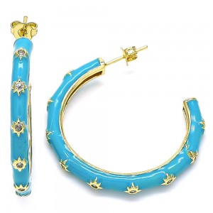 Gold Filled Stud Earring Star Design With White Cubic Zirconia Blue Enamel Finish Golden Tone