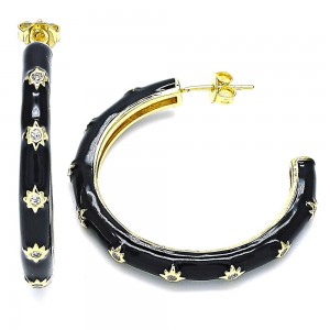 Gold Filled Stud Earring Star Design With White Cubic Zirconia Black Enamel Finish Golden Tone