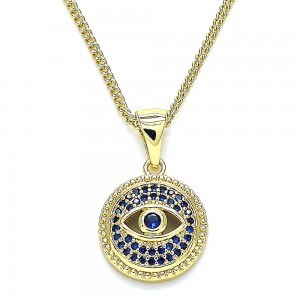 Gold Filled Pendant Necklace Greek Eye Design With White and Blue Micro Pave Polished Finish Golden Tone