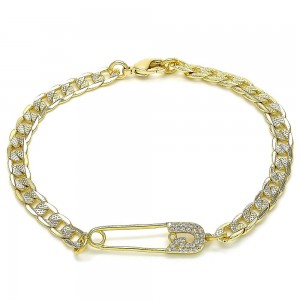Gold Filled Fancy Bracelet Paperclip Design With White Micro Pave Polished Finish Golden Tone