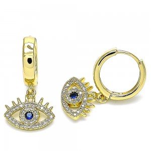 Gold Filled Huggies Hoop Greek Eye Design With Sapphire Blue and White Micropave Polished Finish Golden Tone