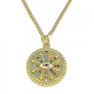 Gold Filled Pendant Necklace Greek Eye Design With Multicolor Micro Pave Polished Finish Golden Tone
