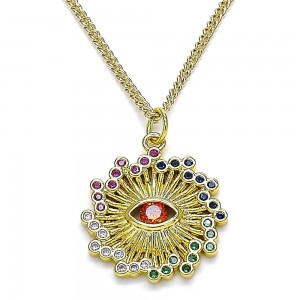 Gold Filled Pendant Necklace Greek Eye Design With Multicolor Micro Pave and Garnet Cubic Zirconia Polished Finish Golden Tone