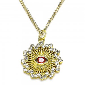 Gold Filled Pendant Necklace Greek Eye Design With White Micro Pave and Garnet Cubic Zirconia Polished Finish Golden Tone