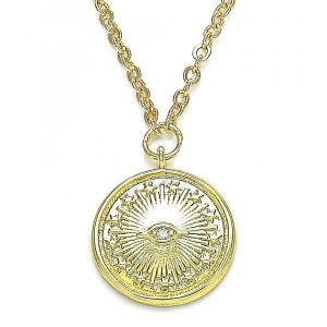 Gold Filled Pendant Necklace Greek Eye and Star Design With White Micro Pave Polished Finish Golden Tone