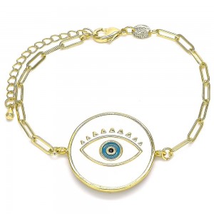 Gold Filled Fancy Bracelet Greek Eye Design White Enamel Finish Golden Tone