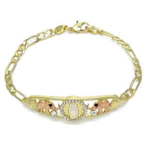 Gold Filled Fancy Bracelet Guadalupe and Elephant Design with White and Black Crystal Polished Finish Tri Tone
