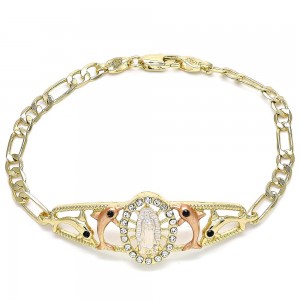 Gold Filled Fancy Bracelet Guadalupe and Dolphin Design With White and Black Crystal Polished Finish Tri Tone