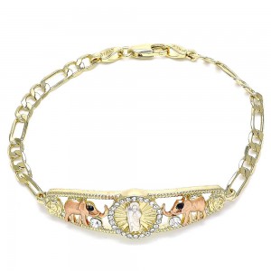 Gold Filled Fancy Bracelet San Judas and Elephant Design With White and Black Crystal Polished Finish Tri Tone
