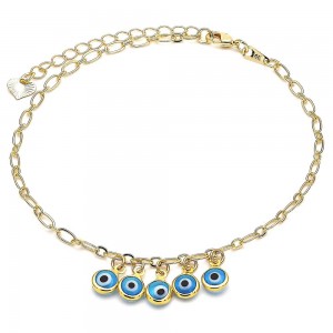 Gold Filled Charm Anklet Greek Eye Design Blue Resin Finish Golden Tone
