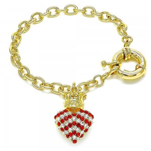 Gold Filled Charm Bracelet Heart and Crown Design With Garnet and White Crystal Polished Finish Golden Tone