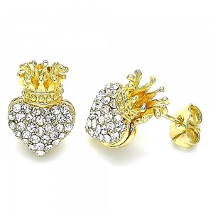 Gold Filled Stud Earring Heart and Crown Design With White Crystal Polished Finish Golden Tone