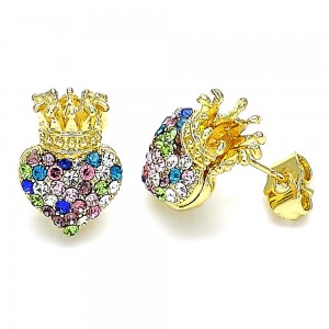 Gold Filled Stud Earring Heart and Crown Design With Multicolor Crystal Polished Finish Golden Tone