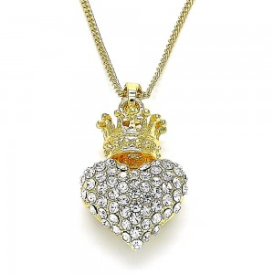 Gold Filled Pendant Necklace Heart and Crown Design With White Crystal Polished Finish Golden Tone