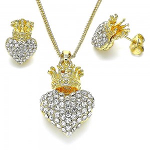 Gold Filled Earring and Pendant Adult Set Heart and Crown Design With White Crystal Polished Finish Golden Tone
